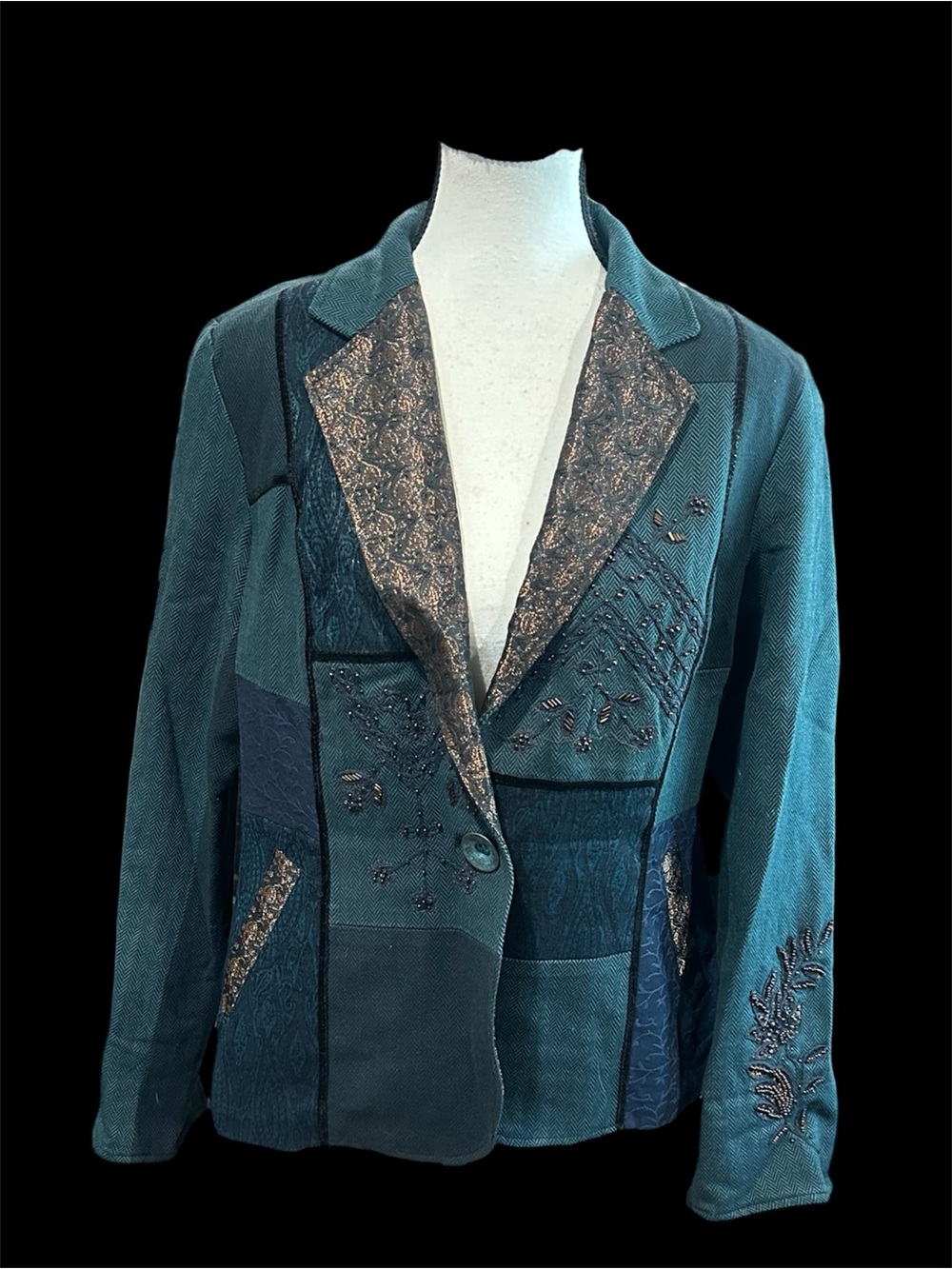 Coldwater Creek Teal Patchwork Embroidered Blazer